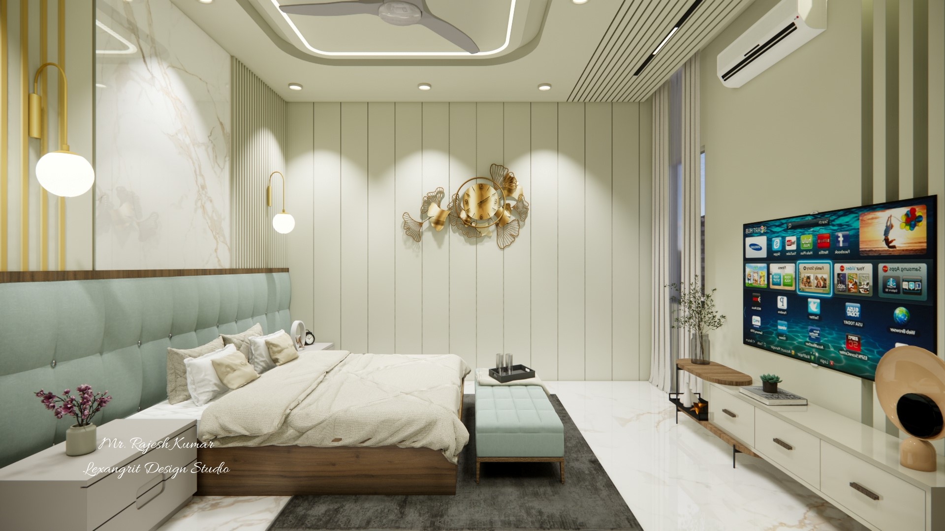 Image of the master bedroom showcasing a stylish dresser with a large mirror and decorative items against a soft-colored wall