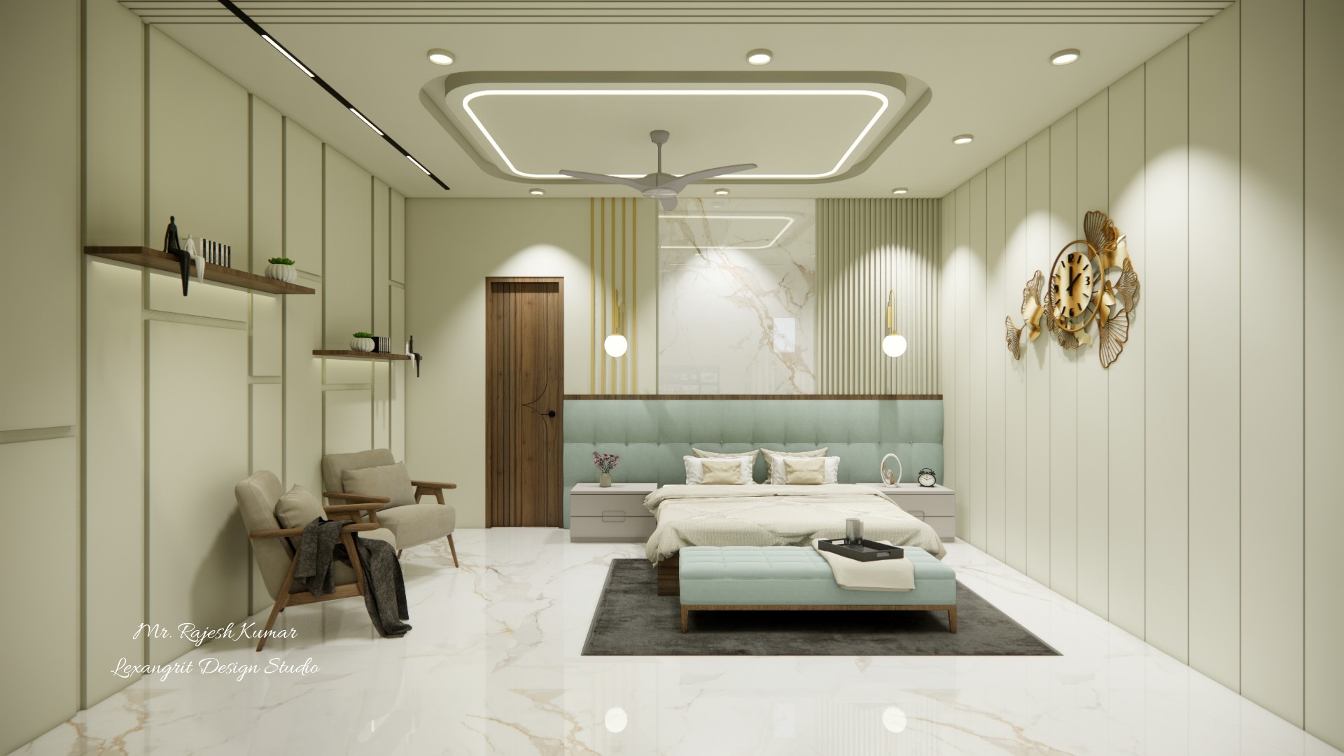 Master bedroom Luxurious bed and side table, decorative headboard wall design