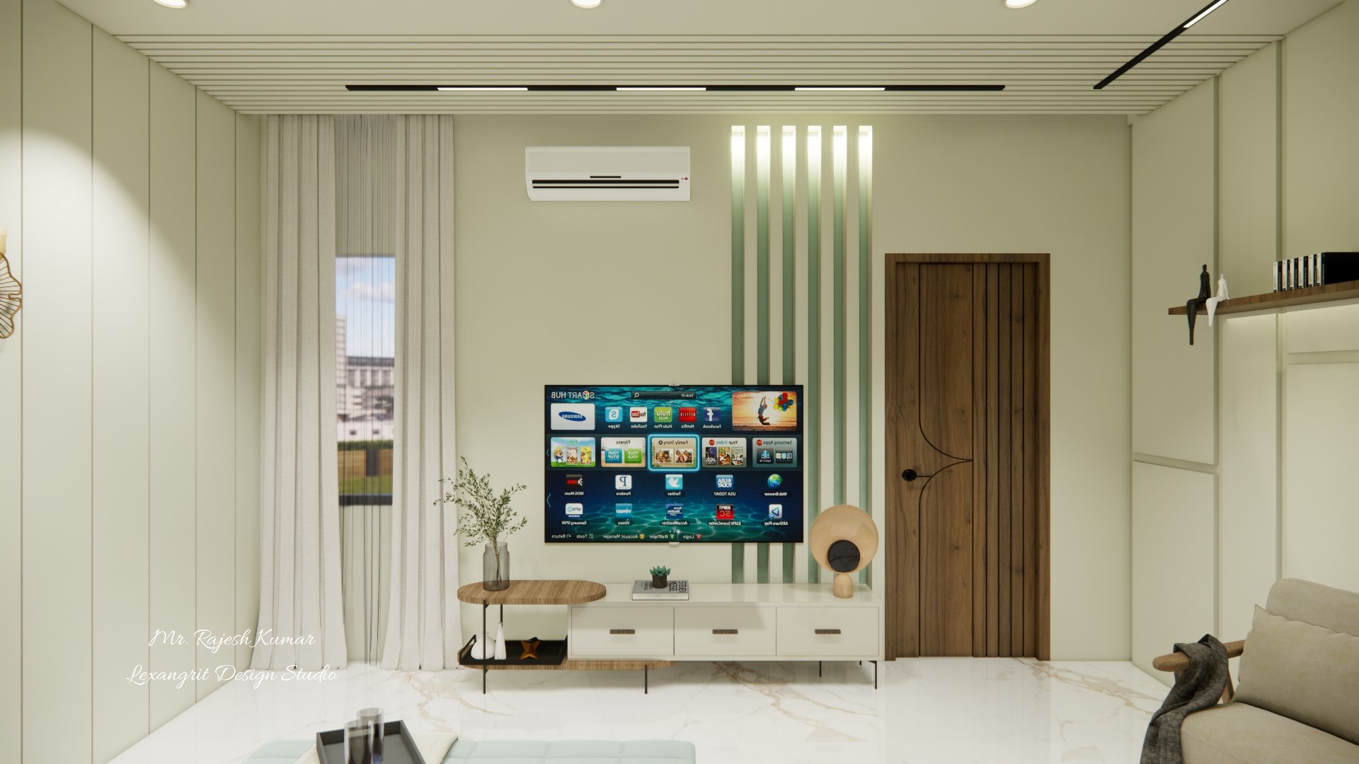 Master Bedroom sleek tv unit and decorative wall design