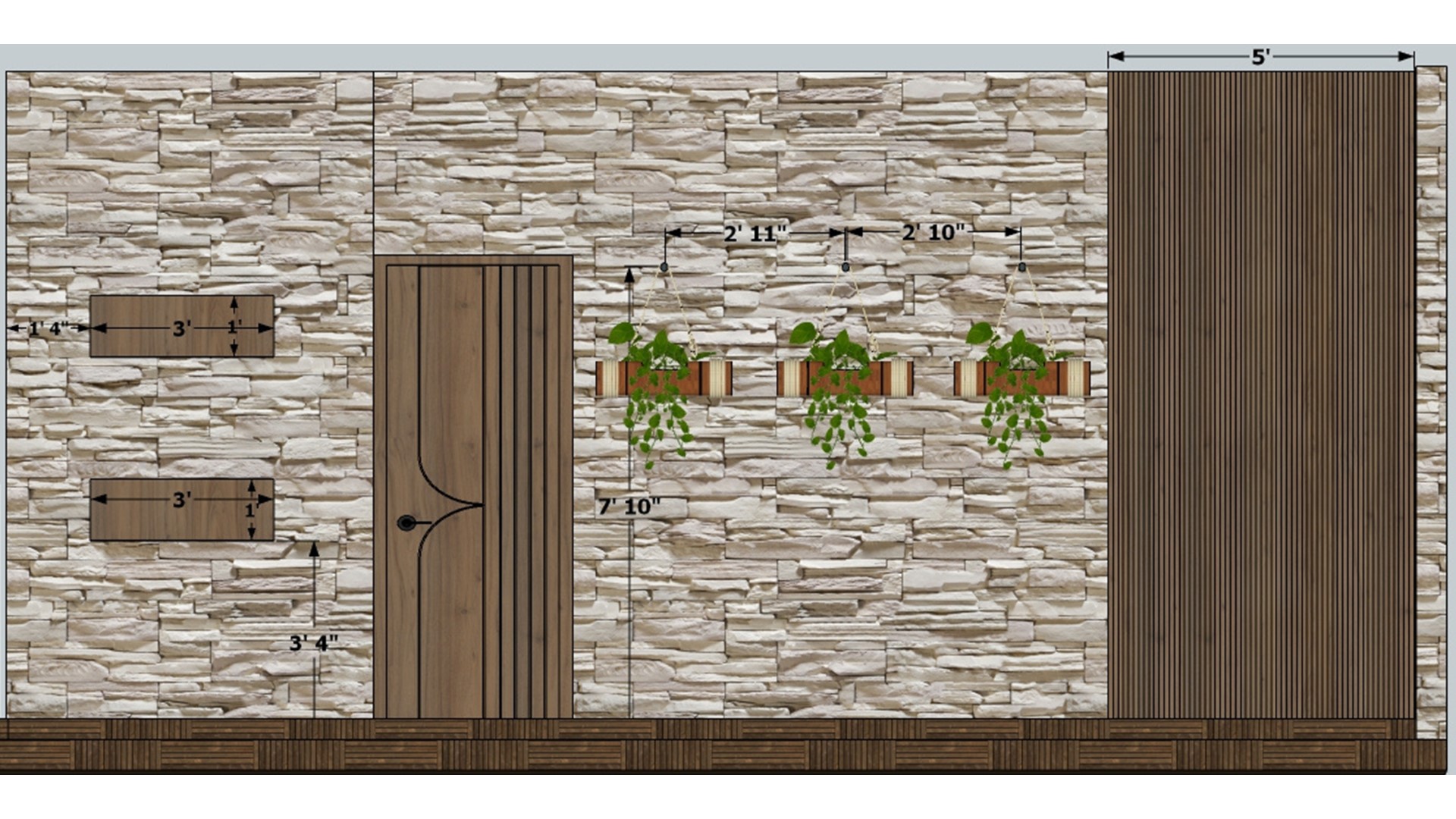 Open terrace seating area and decorative wall 2d dimensions