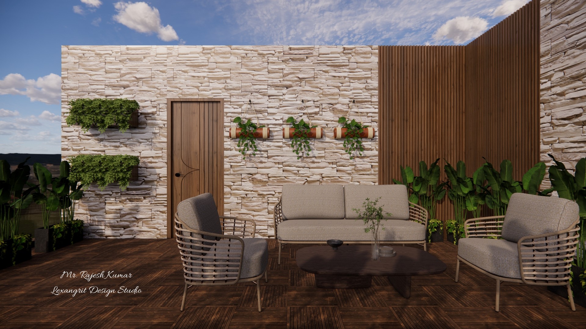 Open terrace seating area and decorative wall