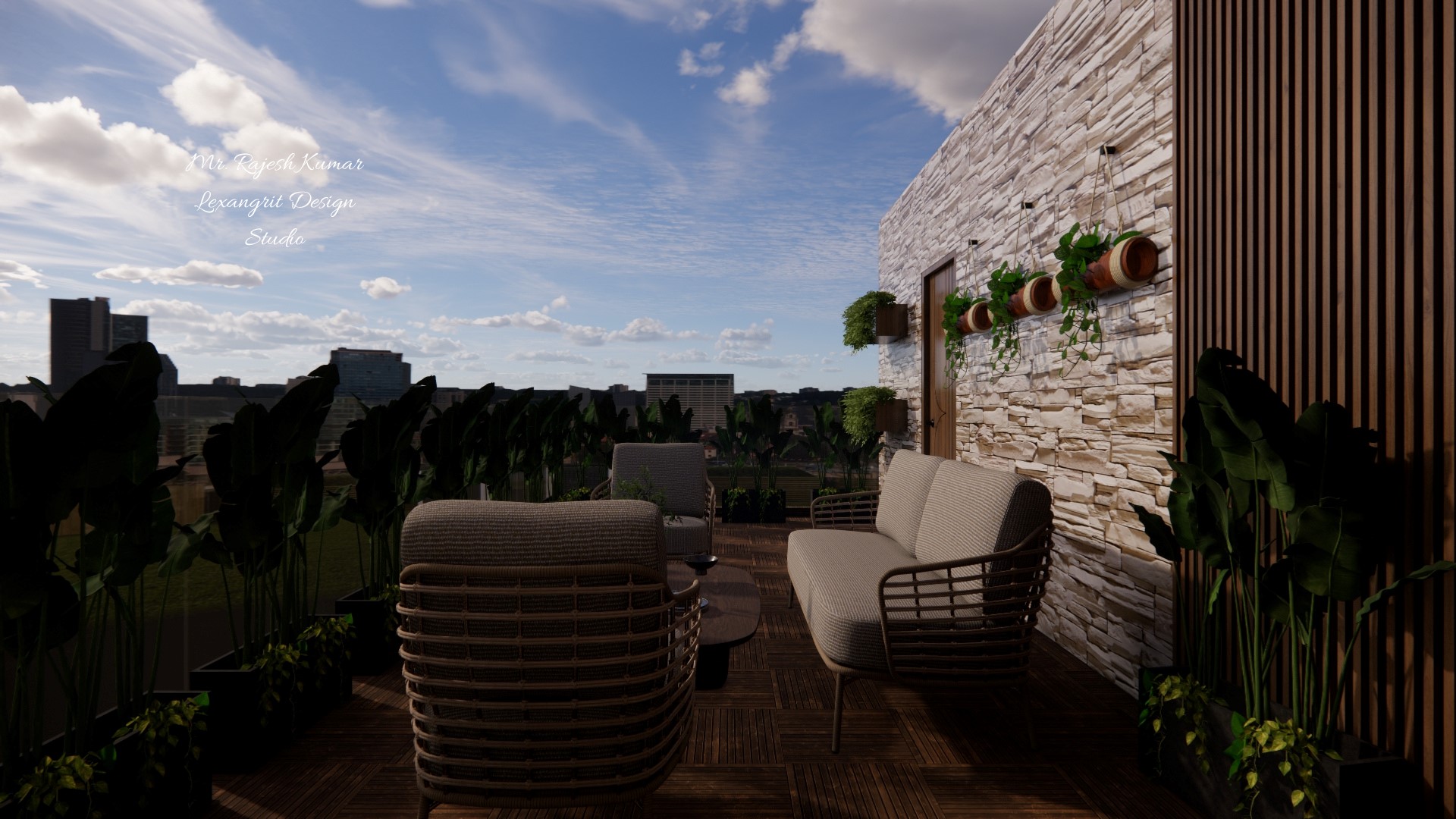 Open terrace seating area and decorative wall