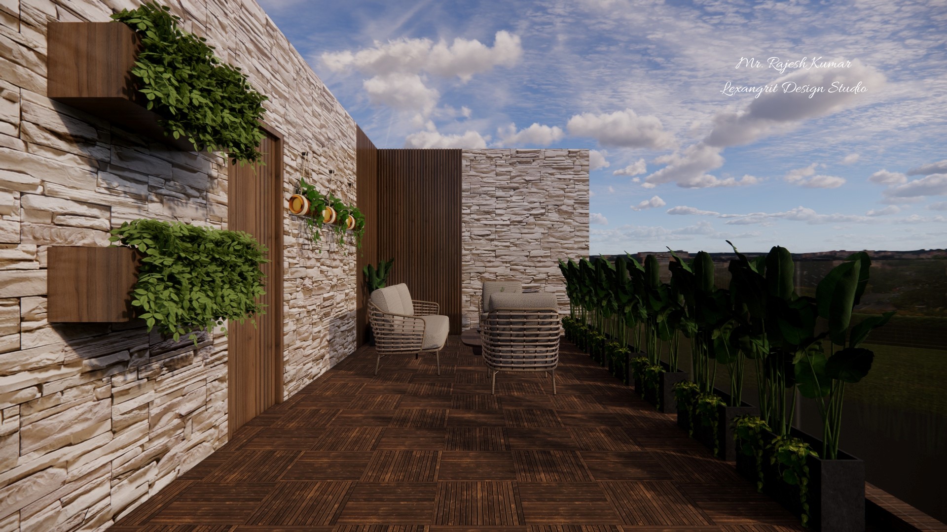 Open terrace seating area and decorative wall