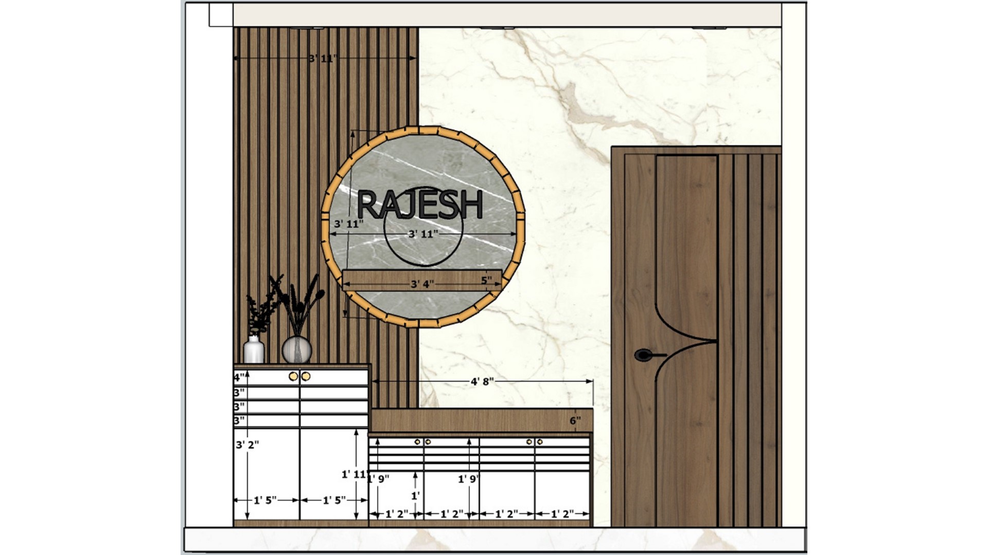 Porch area entrance view with shoes cabinet and decorative name plate  2d dimensions