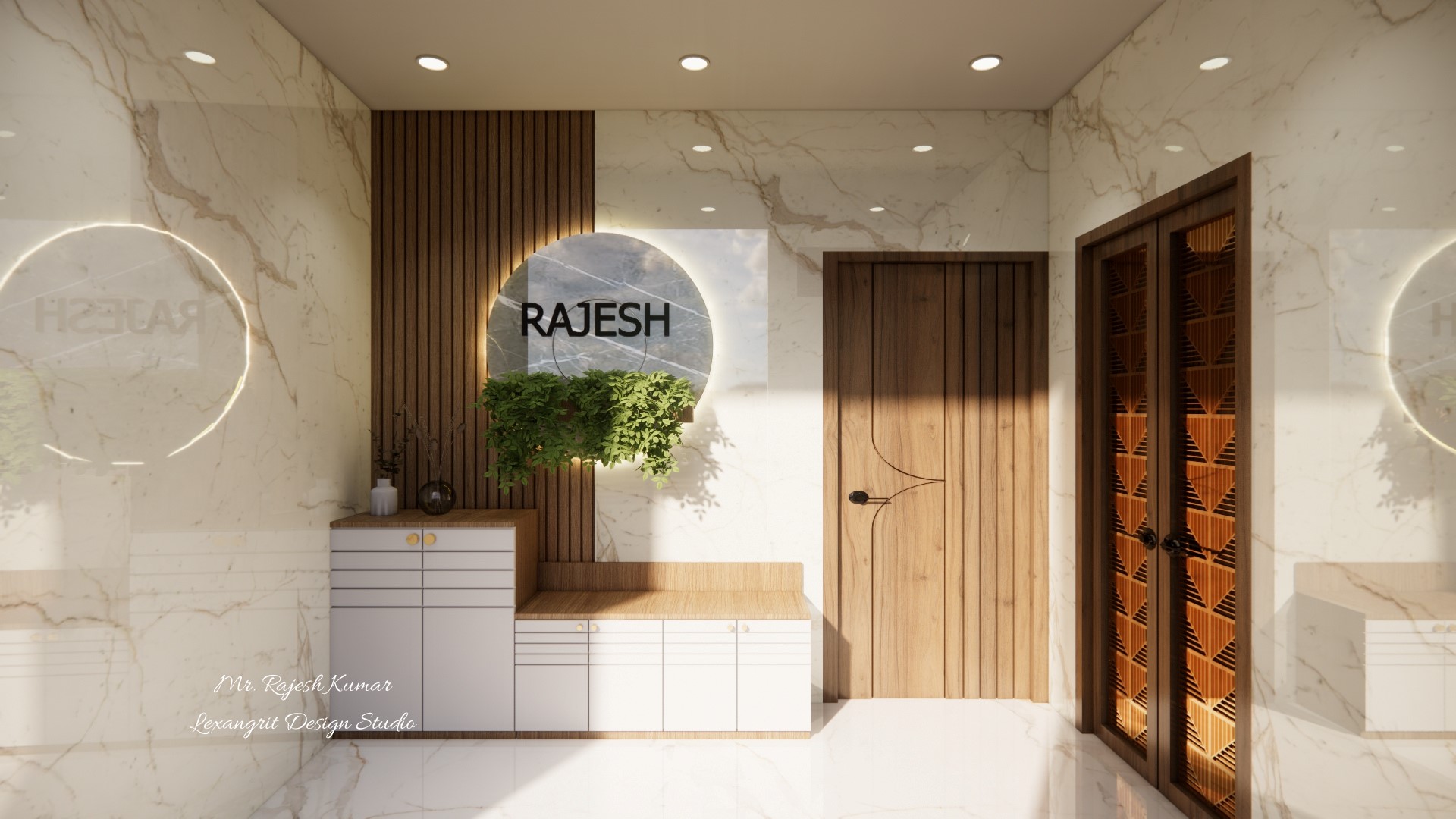 Porch area entrance view with shoes cabinet and decorative name plate