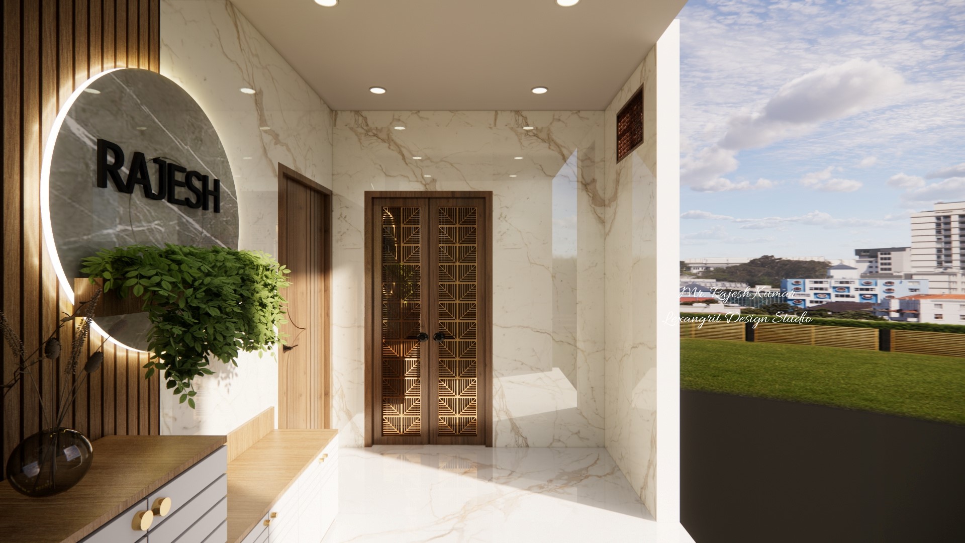 Porch area entrance view with shoes cabinet and decorative name plate side view