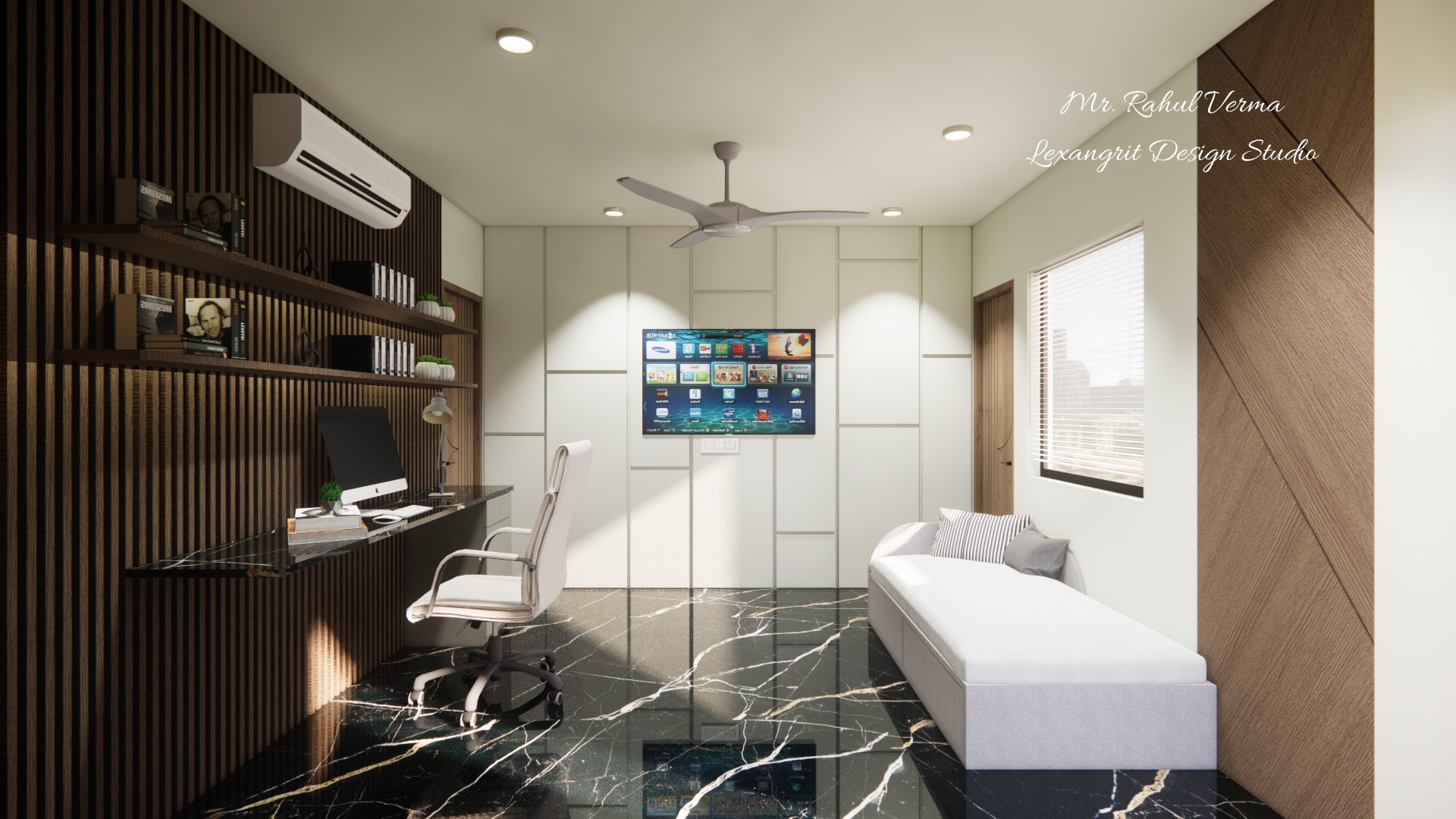 Office room showing work station and decorative wall design