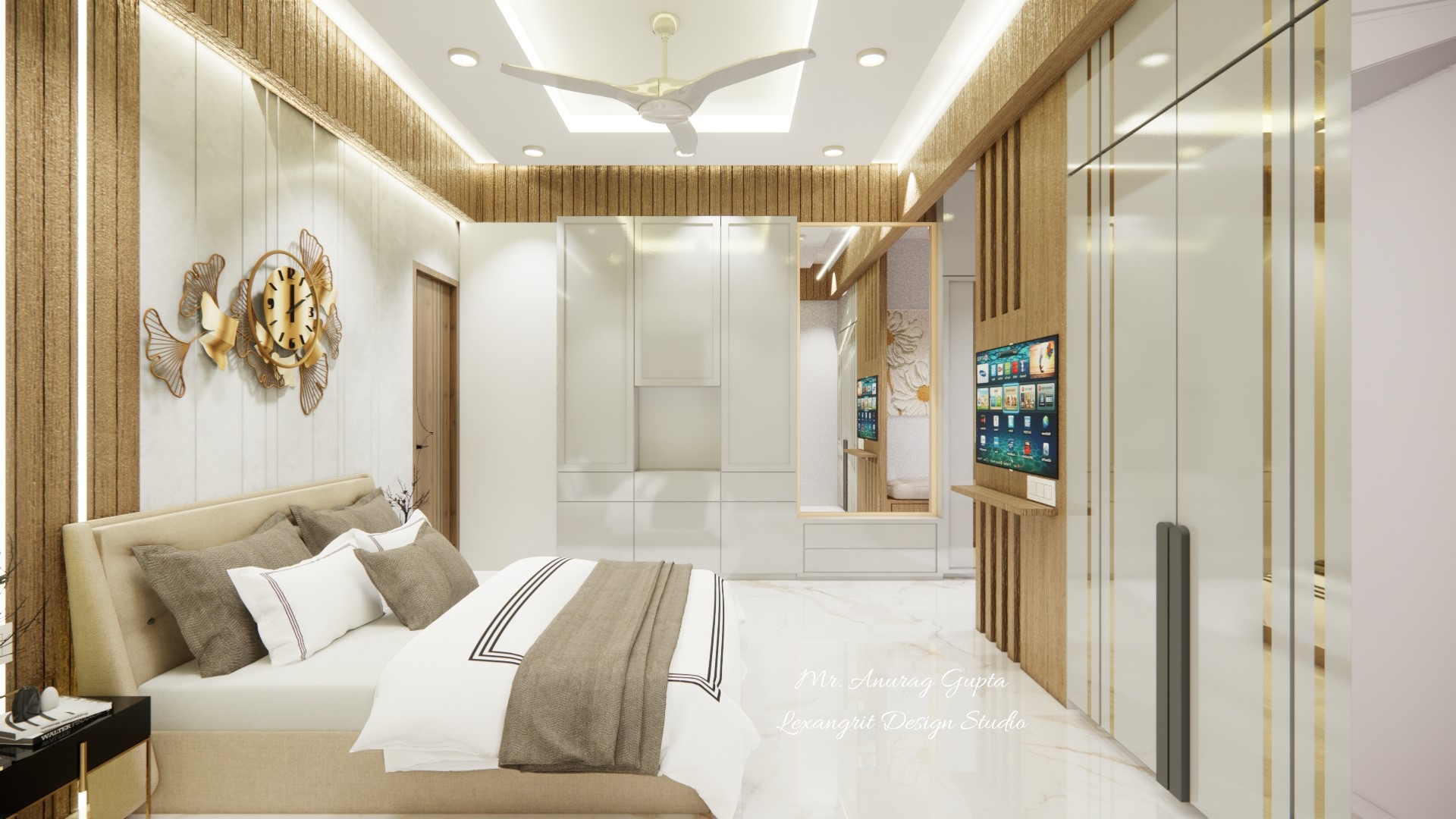 Image of the master bedroom showcasing a stylish dresser with a large mirror and decorative items against a soft-colored wall