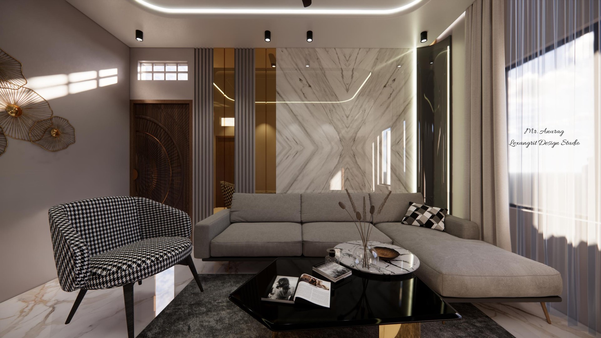 Image of the drawing room comfortable seating area with a large sofa, coffee table and decorative wall design