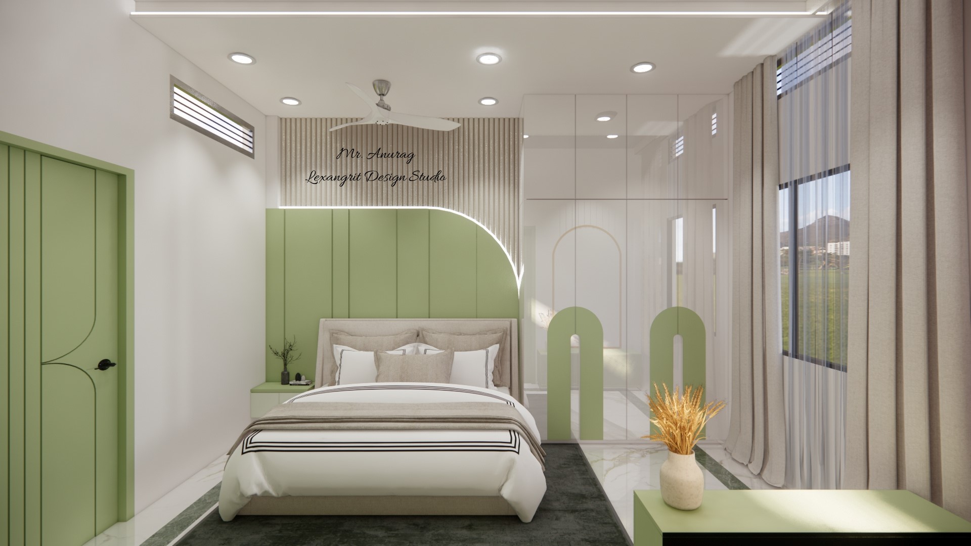 Image of the guest bedroom featuring a cozy bed with a wooden headboard, bedside tables, and  light-colored wall