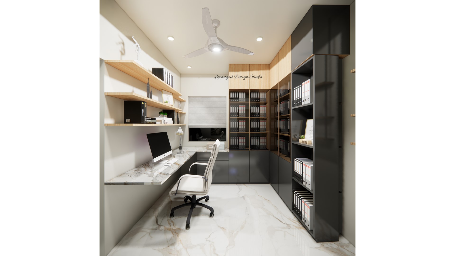 Image of the study room featuring a large desk with a computer, chair, and shelves against a vibrant accent wall