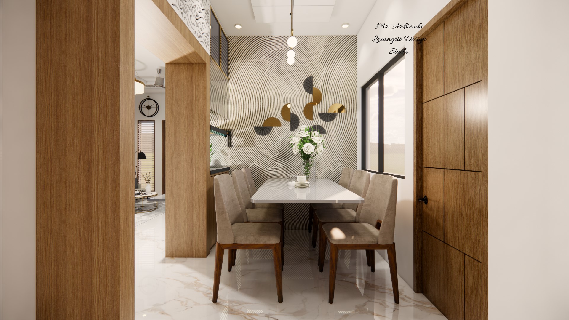 Image of the living room highlighting a spacious dining area with a contemporary dining table, chairs, and an elegant chandelier against a decorated wall