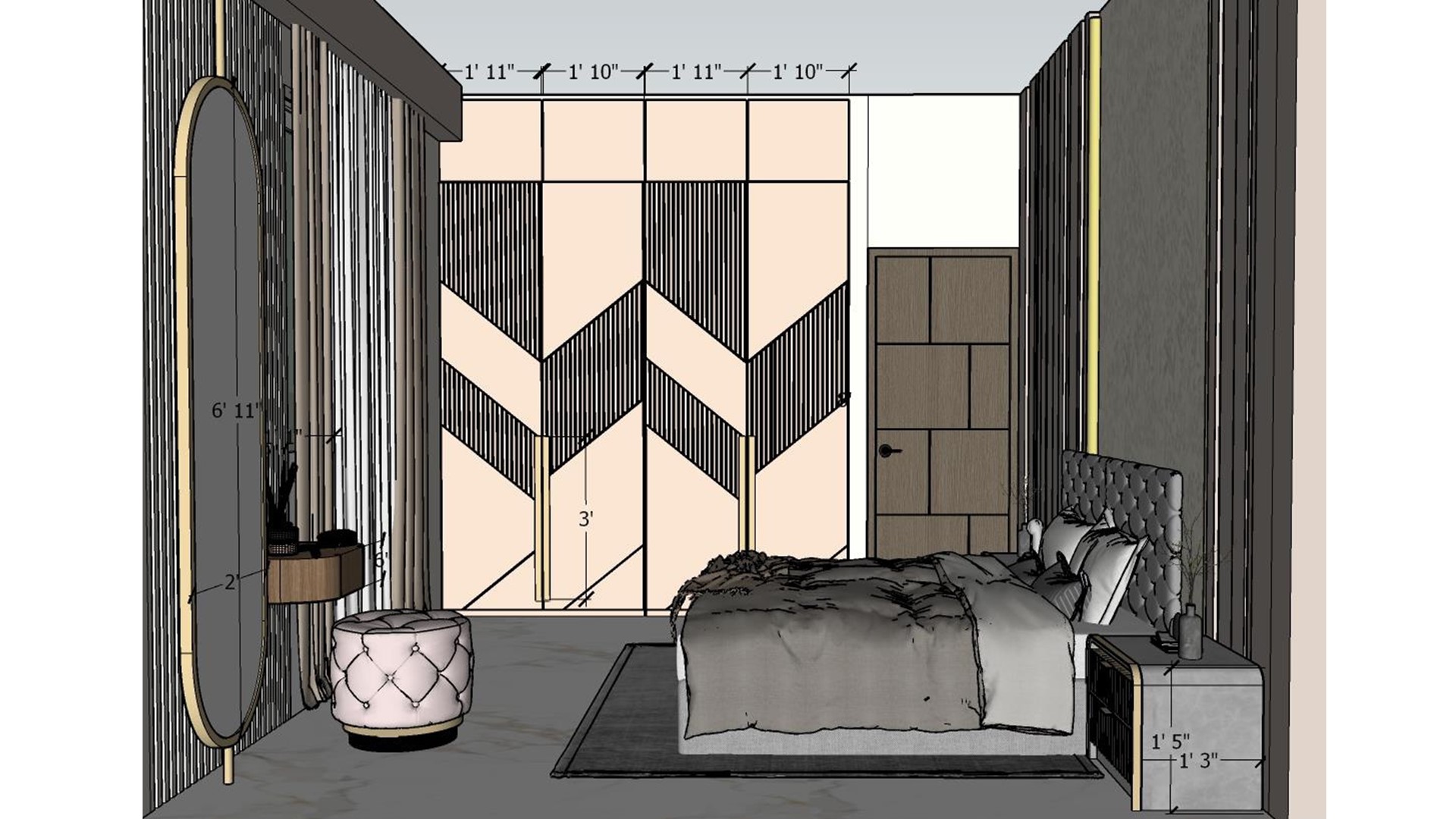 Image of the master bedroom highlighting a spacious wardrobe with sliding doors and a full-length  2d