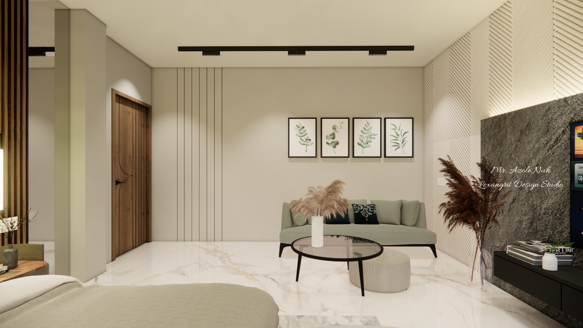 Image of the master bedroom displaying a comfortable seating area with a chaise lounge, side table, and a lamp against a decorated wall