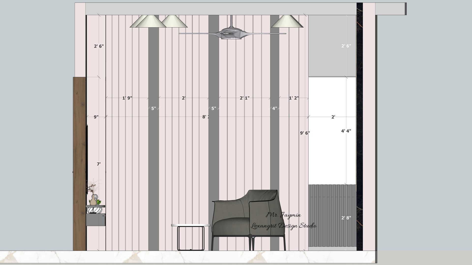 image of the first floor bedroom 1 displaying a stylish tv unit with a some storage and comfortable seating area against a softly decorated wall 2d dimensions