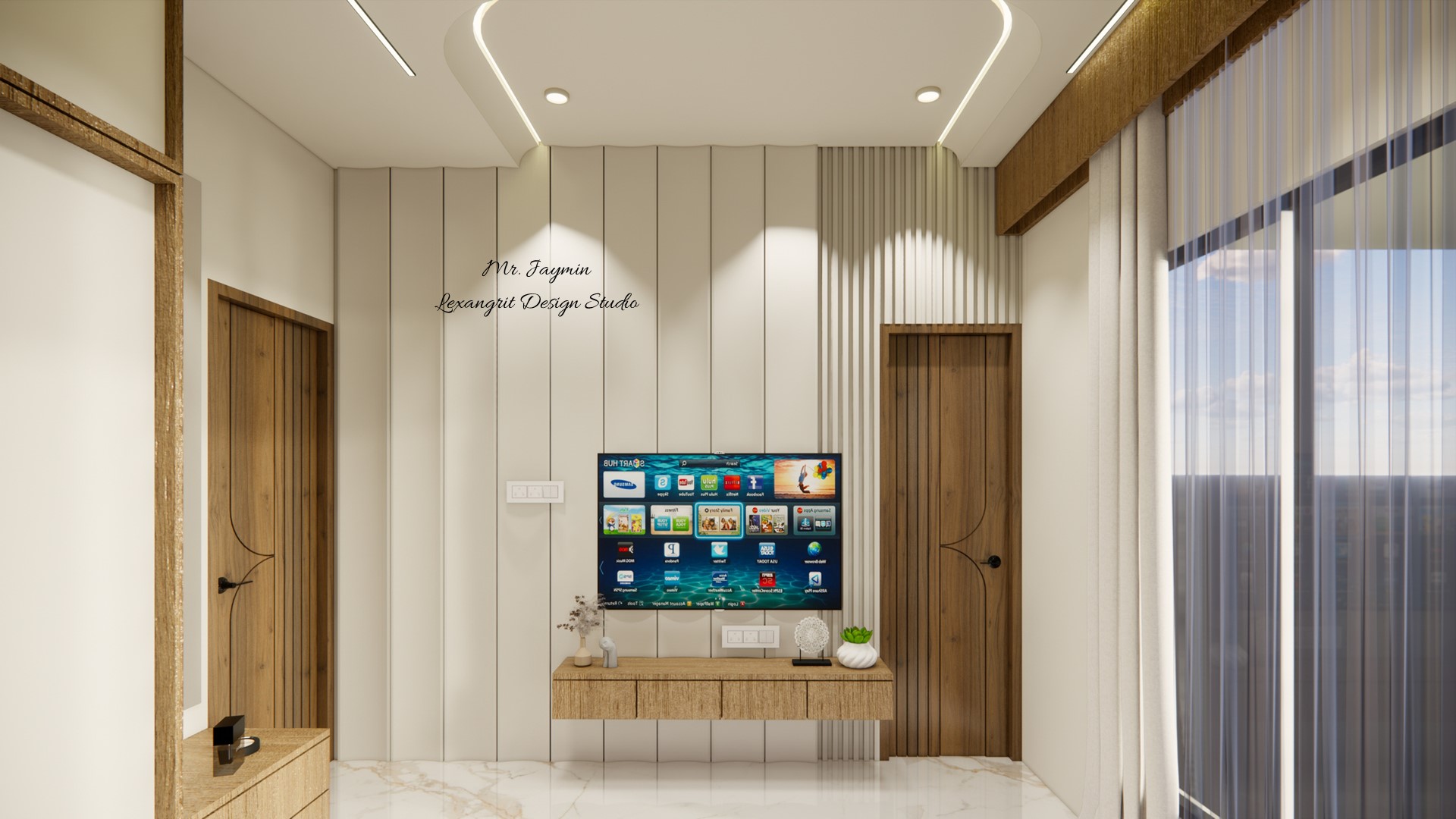 Showcasing first floor bedroom 2 tv  unit and storage against a decorative wall