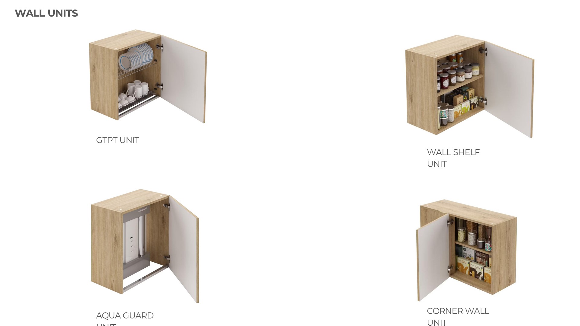 Modular kitchen HOB unit, Sink unit, Corner unit, Spice Pull out unit, Gas cylinder unit, Wiker busket unit