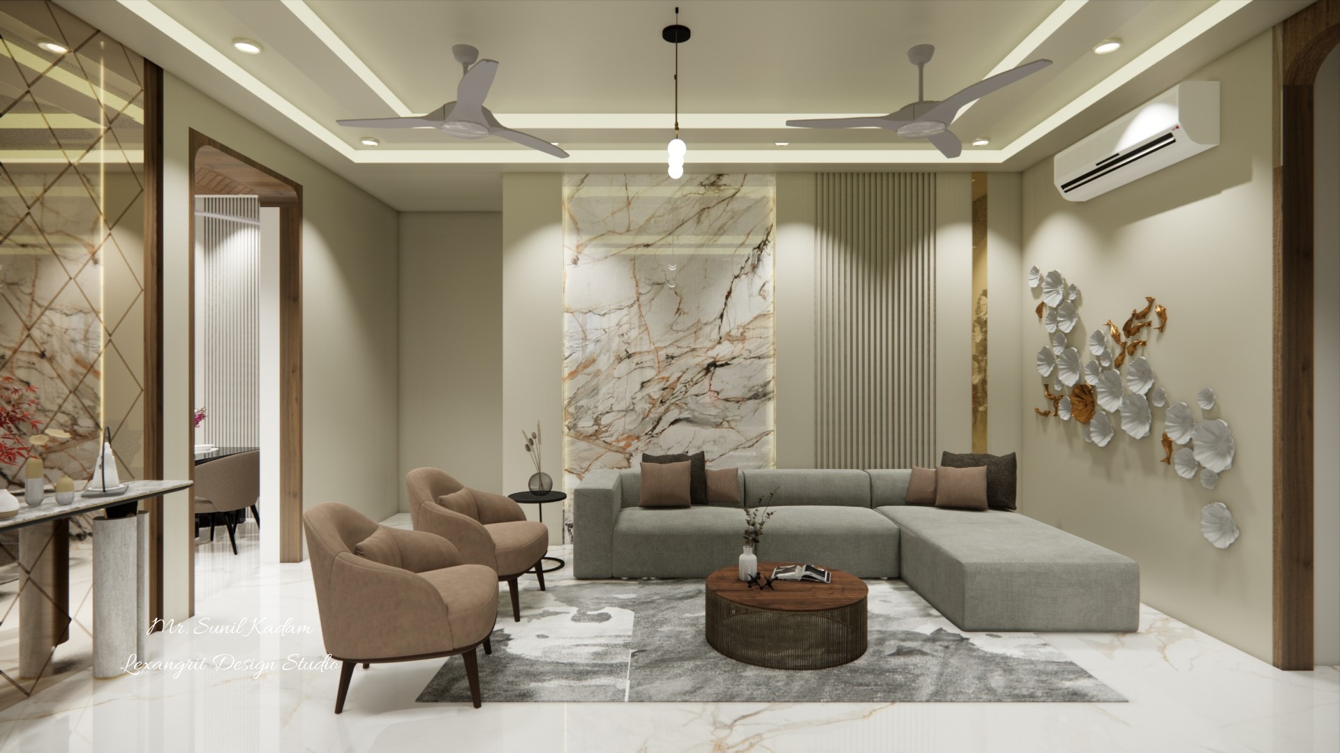 Living room  large & comfortable seating area front of center table and decorative wall , decorative items