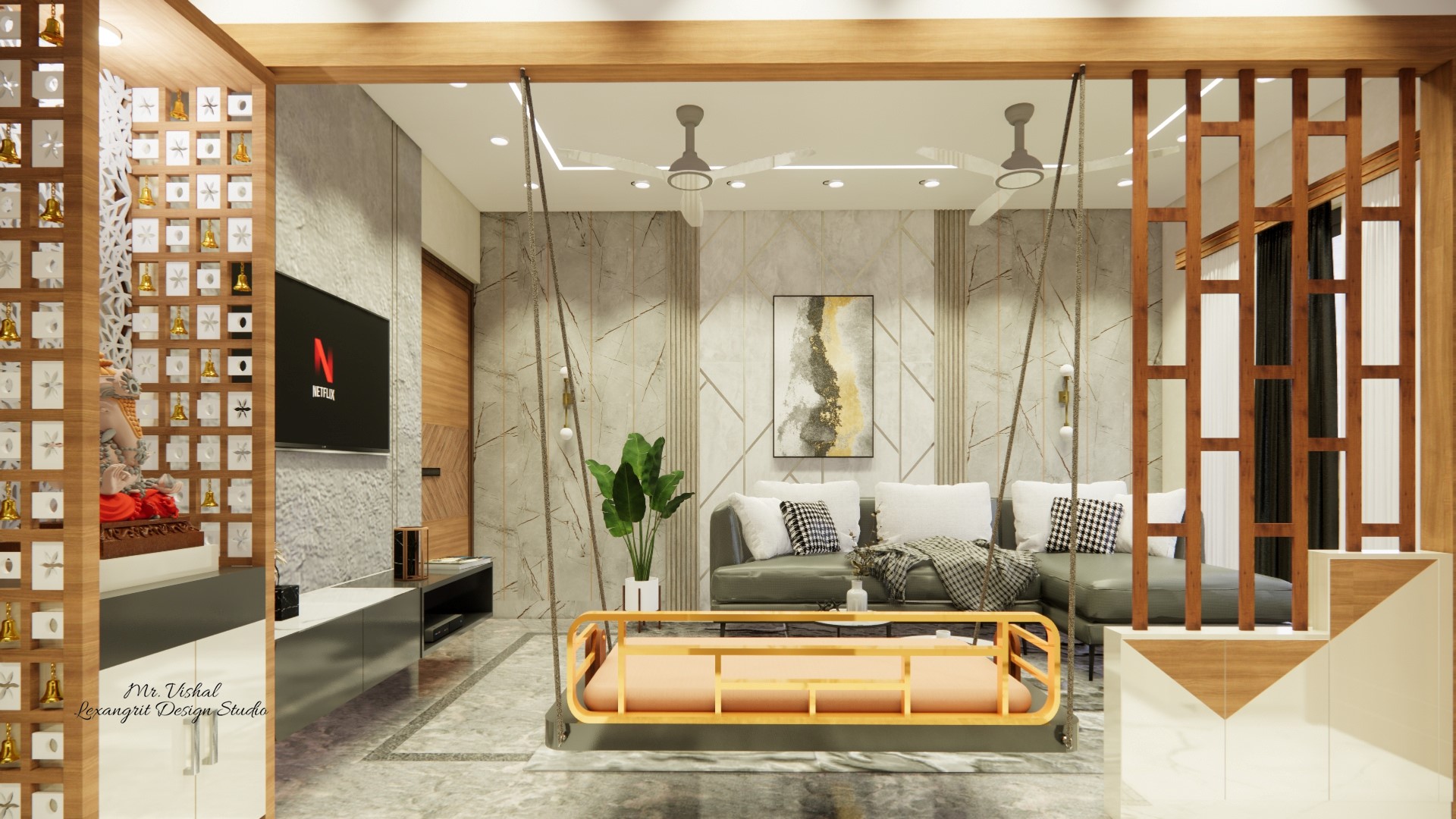 Image of the living room showcasing a comfortable seating area with a large sofa, coffee table, and a decorative wall against a tv unit,puja unit & jhula