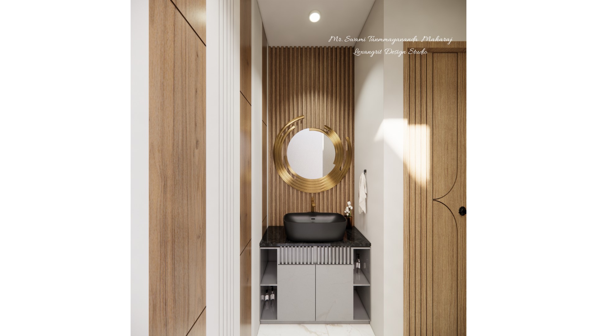Counter basin and back side wall louvers panelling with round shape decorative mirror