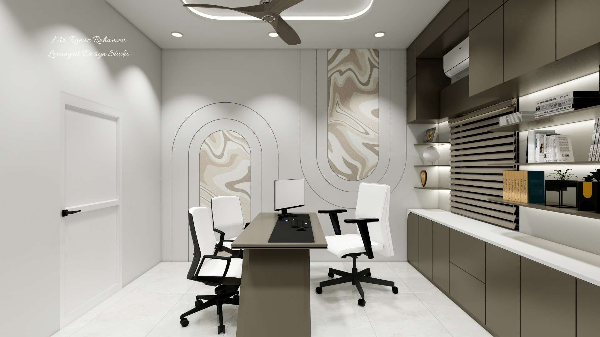 Creative small office interior design with two-layer arch groove wall cutting, abstract wallpaper inside arches and executive office table side view