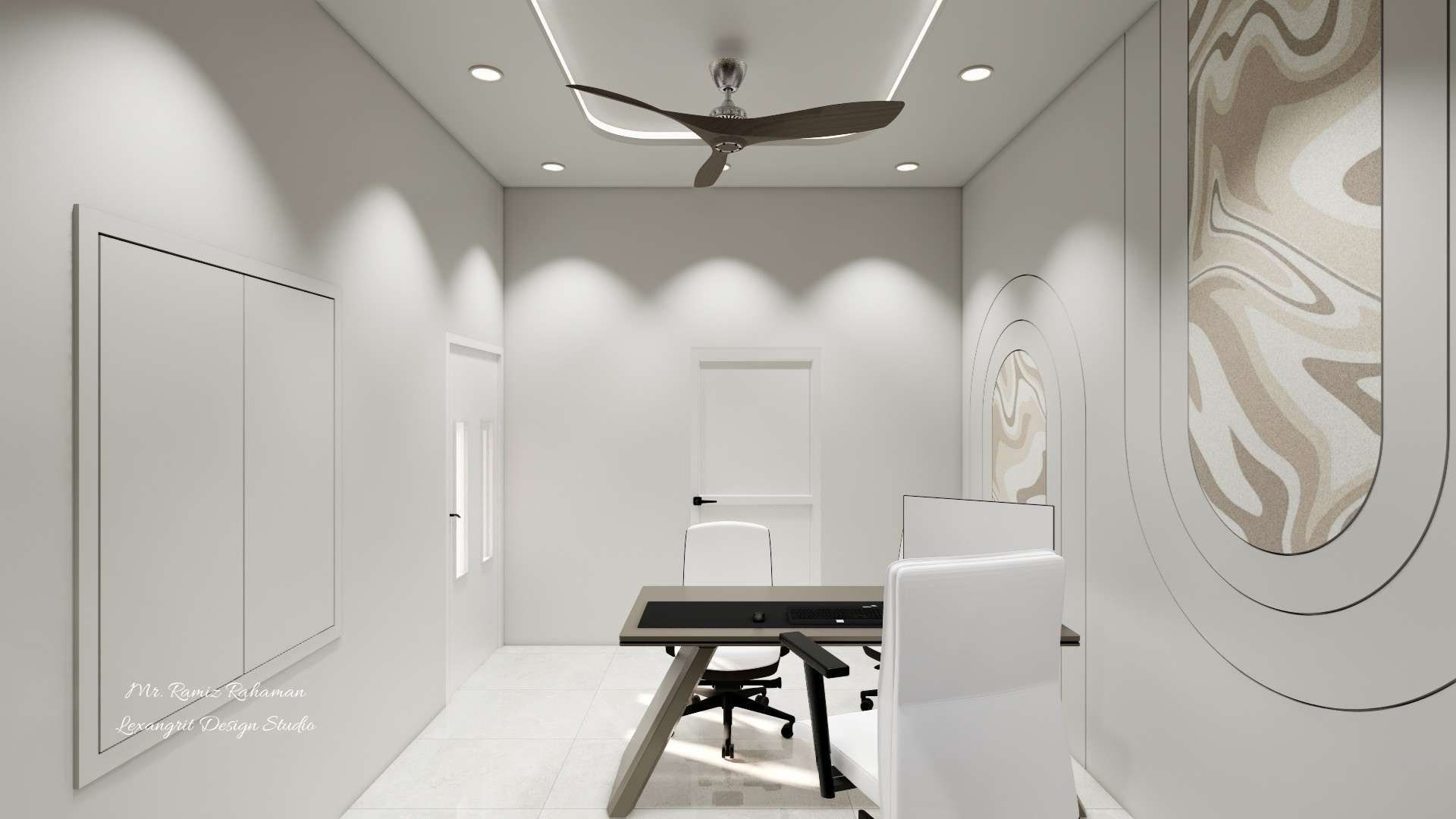 Simple office interior design featuring plain wall with employee cabin entrance gate, clean and modern small office cabin interior design