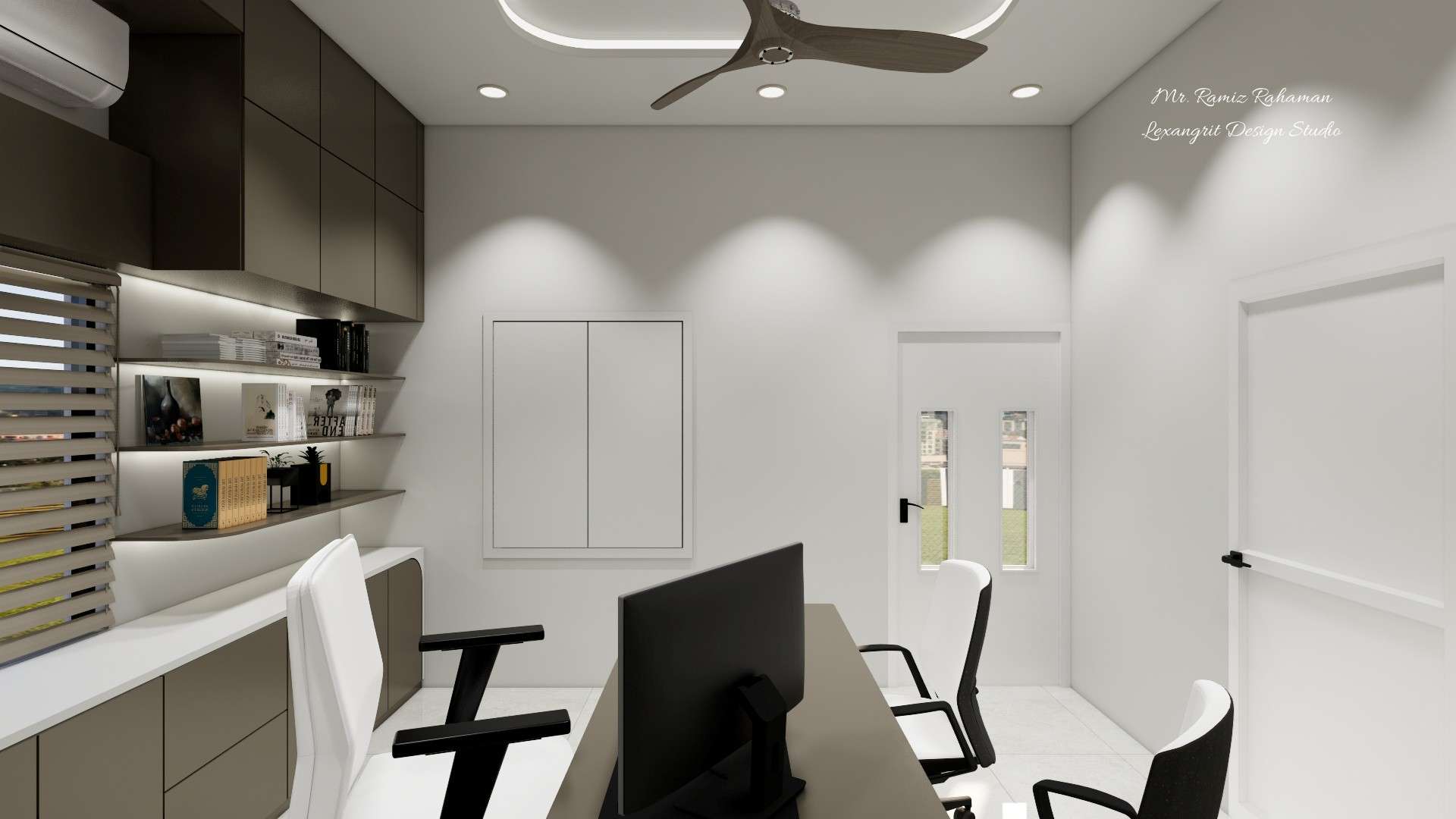 Modern small office interior design showing plain wall with concealed wall almira and office entrance wall, minimal and budget-friendly office cabin design