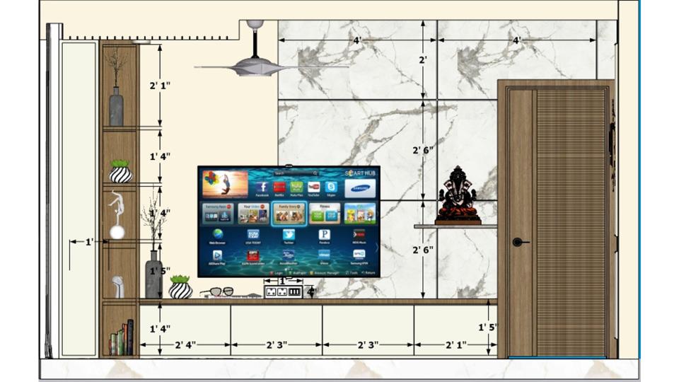 2D measurement drawing of living room TV unit back wall design showing dimensions of glossy UV marble sheet panel, golden strip detailing, ivory laminate base unit, vertical shelf unit, and wall layout for interior execution.