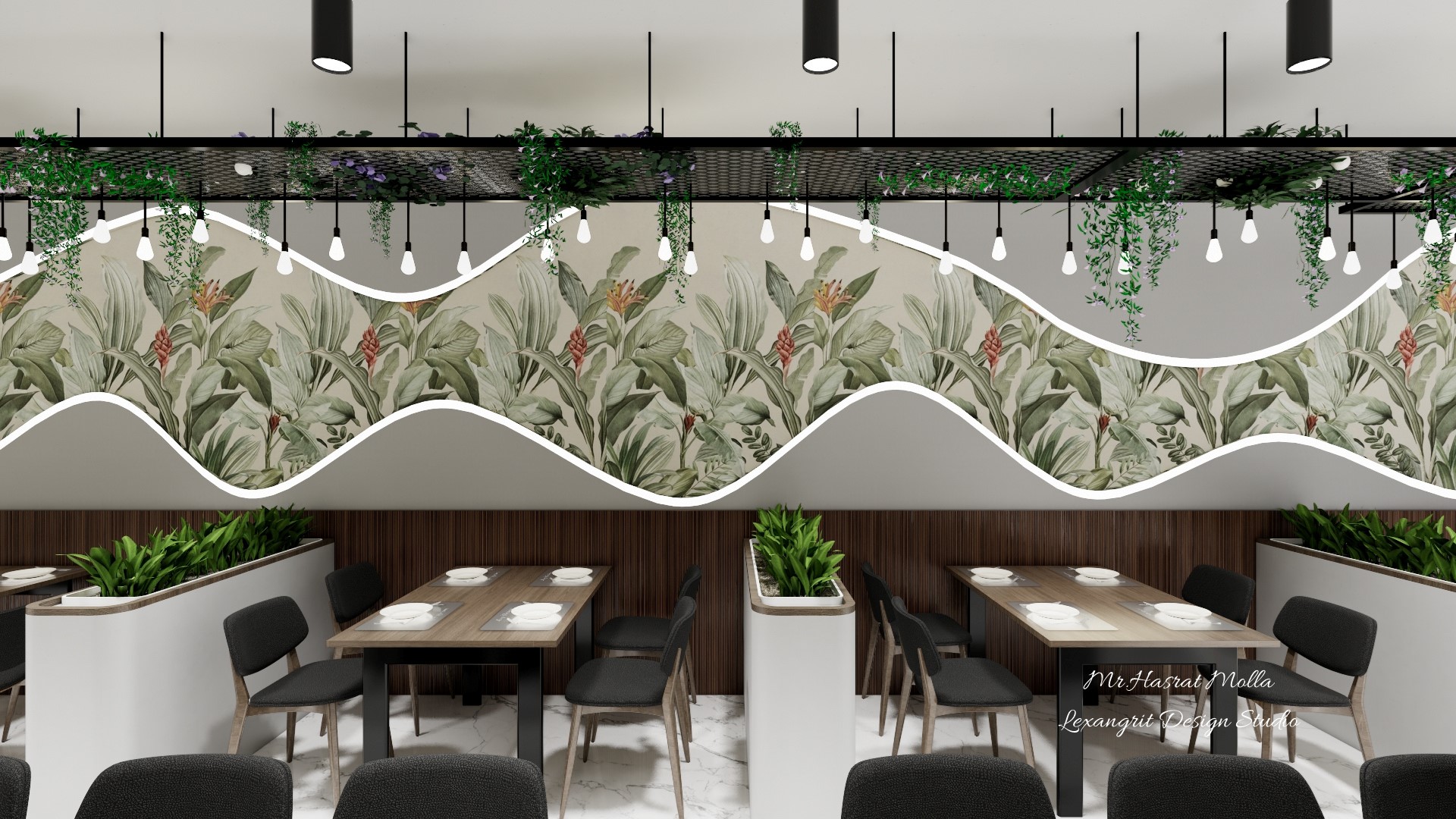 Dinning area with decorative wallpaper with profile light design