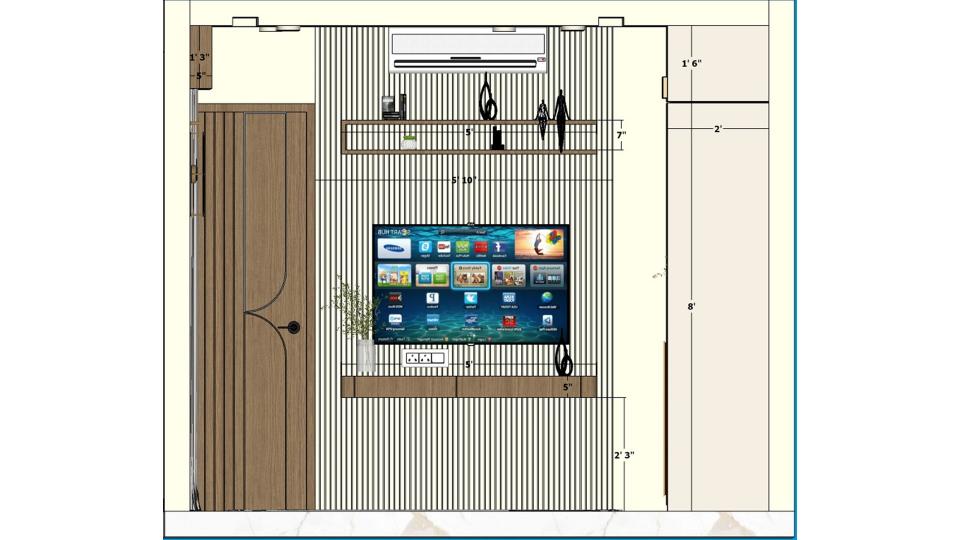 Bedroom TV unit height and bedroom TV unit dimensions shown in a 2D design of a modern bedroom TV unit and background designing wall.