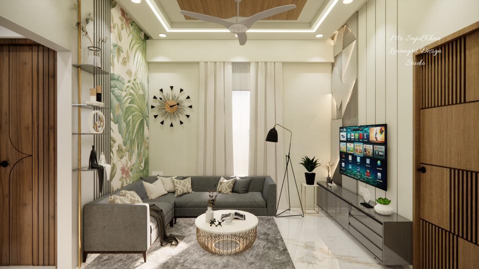 Living room front view showing a drawing room wall design with TV self design featuring groove cutting and a duco painted HDF panel behind the TV, grey high gloss base cabinet, and an L-shaped sofa with wallpaper accent wall and floating shelves.