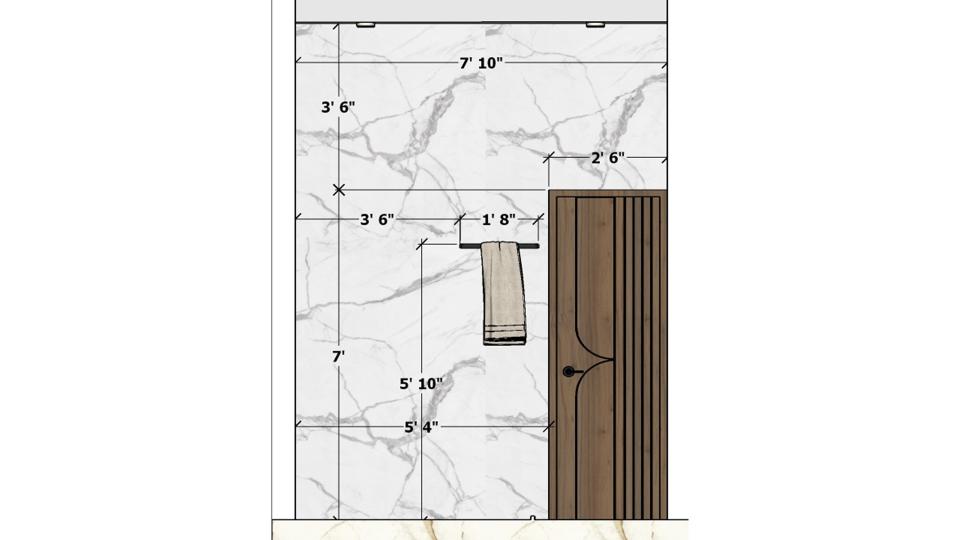 Image of the bathroom showing entrance area & decorative tiles design  2d dimensions