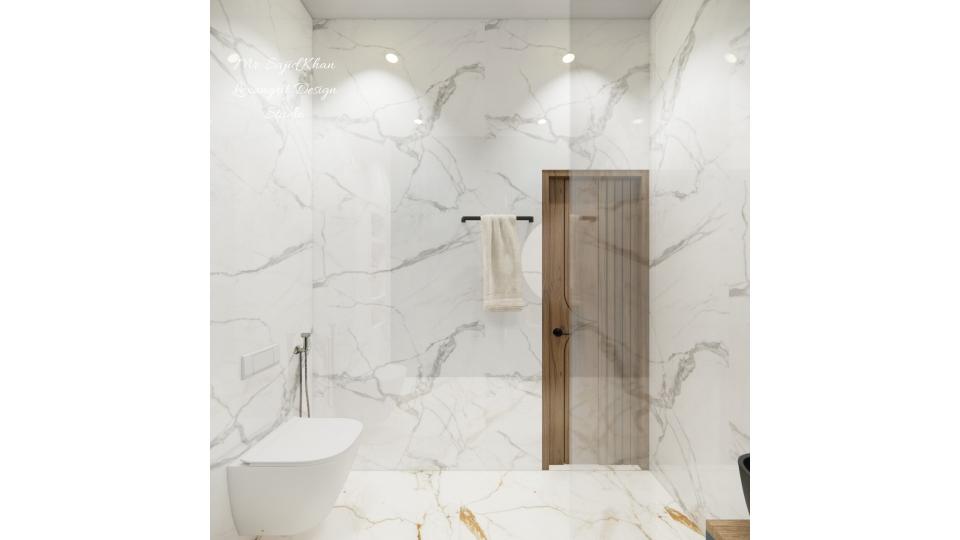 Image of the bathroom showing entrance area & decorative tiles design