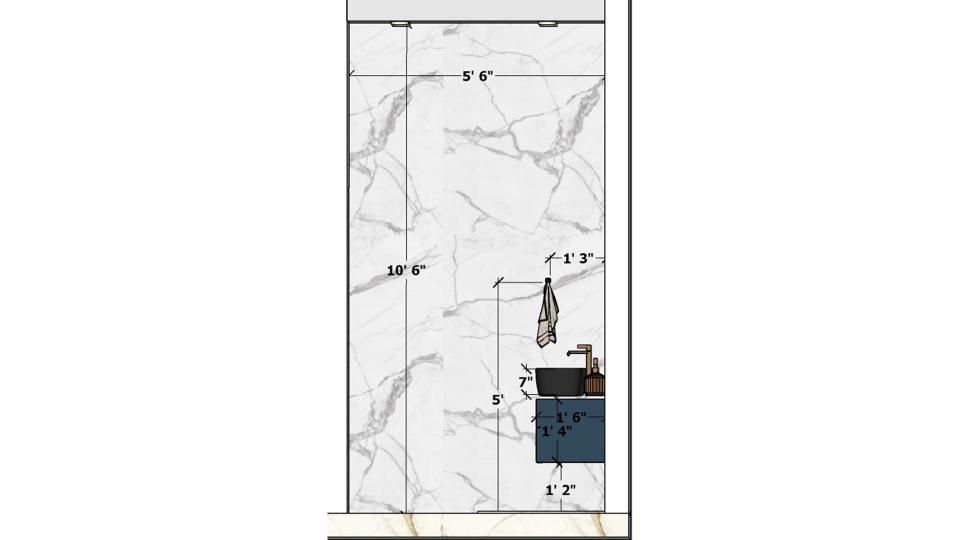 Image of the bathroom showing shower area & vanity area 2d dimensions