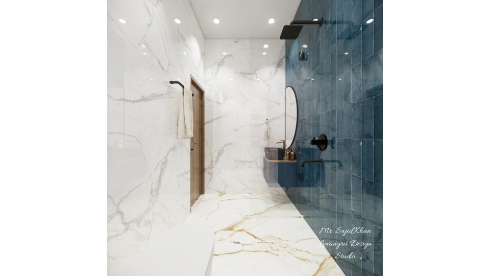 Image of the bathroom showing shower area & vanity area