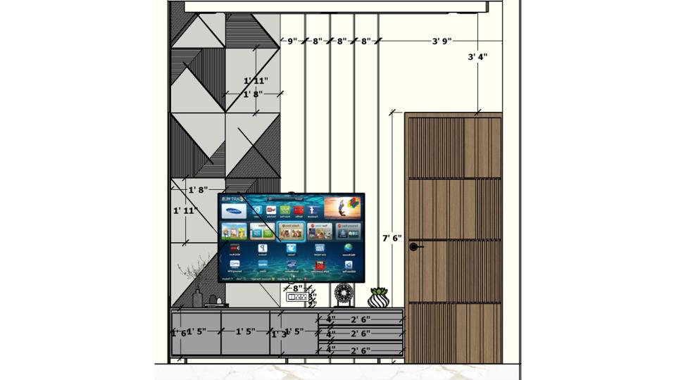 Image of the drawing area entrance & decorative tv unit, some paneling work 2d dimensions