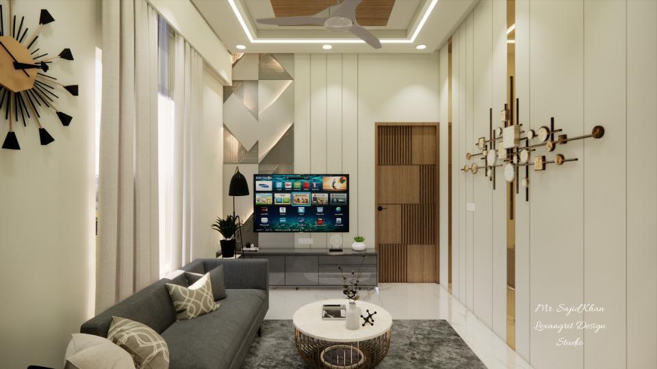 Image of the drawing area entrance & decorative tv unit, some paneling work