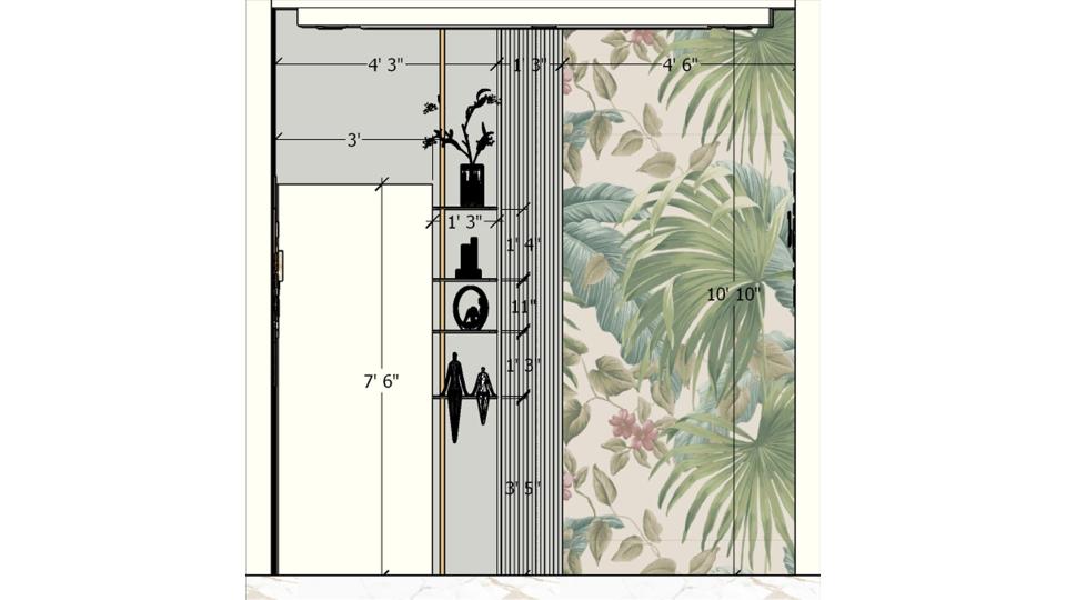 Image of the drawing room another view front wall highlighting wallpaper & left side wall panelling work 2d dimensions