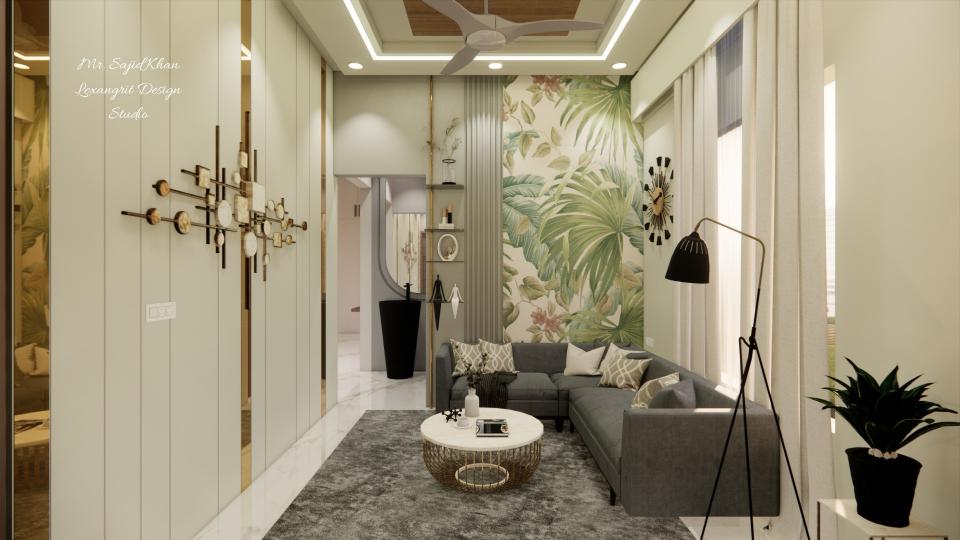 Image of the drawing room another view front wall highlighting wallpaper & left side wall panelling work