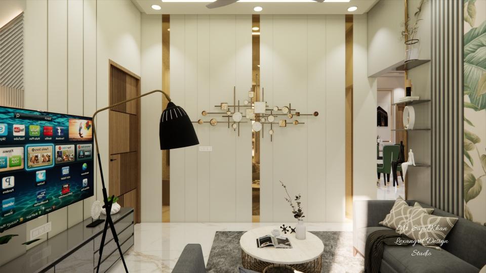 Image of the drawing room sleek tv unit & seating area a decorated wall