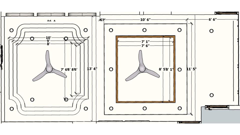 Image of the living area & dining area two fan false ceiling view 2d dimensions
