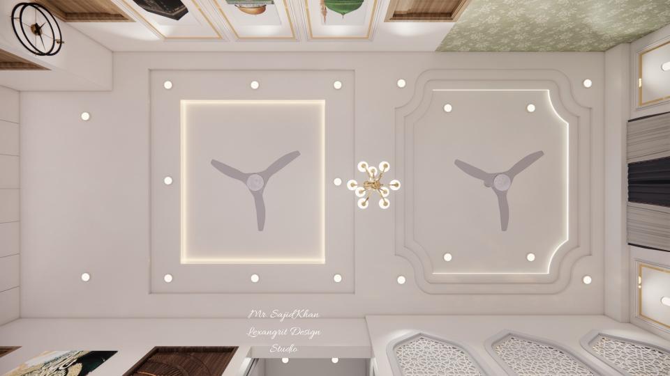 Image of the living area & dining area two fan false ceiling view