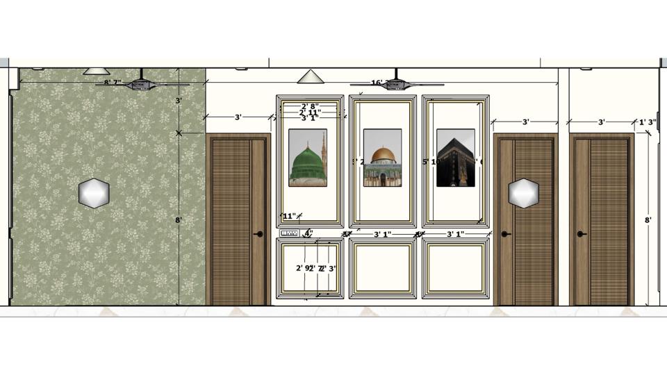 Image of the living room highlighting a spacious dining area with a contemporary dining table, chairs, and an elegant chandelier against a decorated wall 2d dimensions