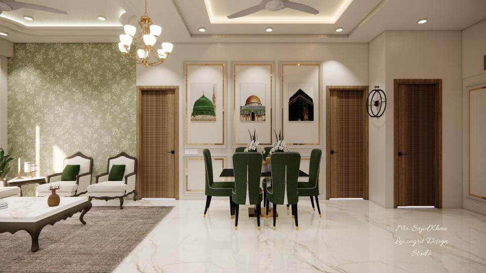 Image of the living room highlighting a spacious dining area with a contemporary dining table, chairs, and an elegant chandelier against a decorated wall