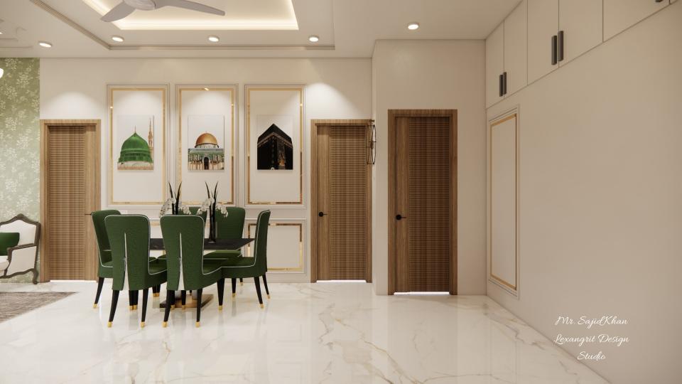 Image of the living room highlighting a spacious dining area with a contemporary dining table, chairs, and an elegant chandelier against a decorated wall