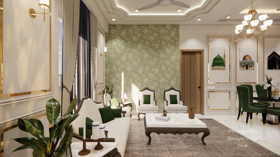 image of the living room showcasing a comfortable seating area with a large sofa, coffee table, and a stylish lamp against a desining wallpaper wall