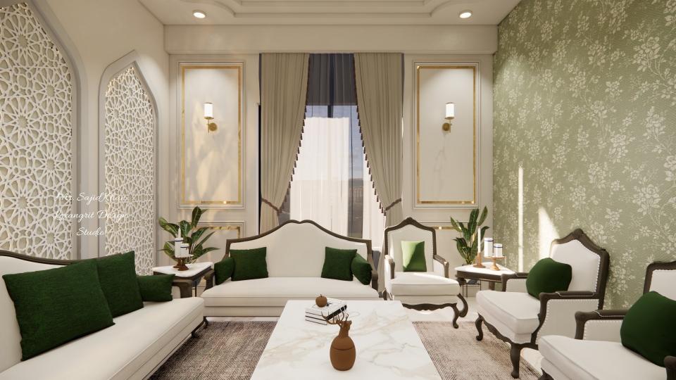 Image of the living room showcasing a comfortable seating area with a large sofa, coffee table, and a stylish lamp against a neutral-toned wall