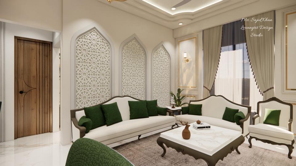 image of the living room showcasing a comfortable seating area with a large sofa, coffee table, and a stylish lamp against a neutral-toned wall