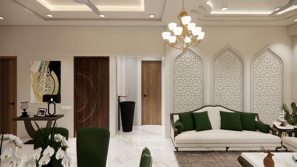 image of the living room wash basin area & decorative wall cnc jali cutting, acrylic sheet design