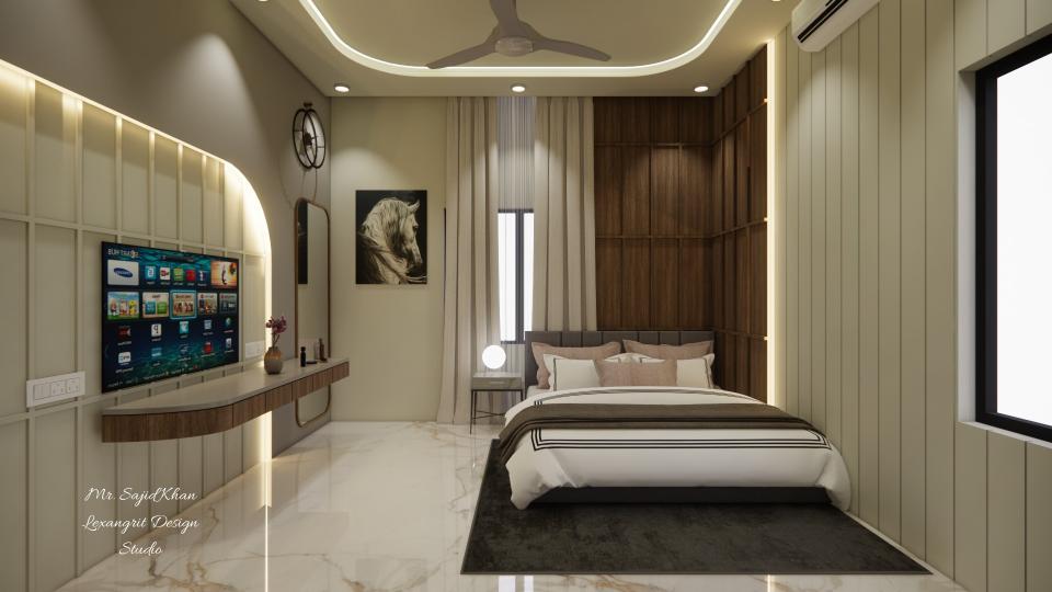 Image of the master bedroom featuring a luxurious bed with a tufted headboard, bedside tables, and an accent wall